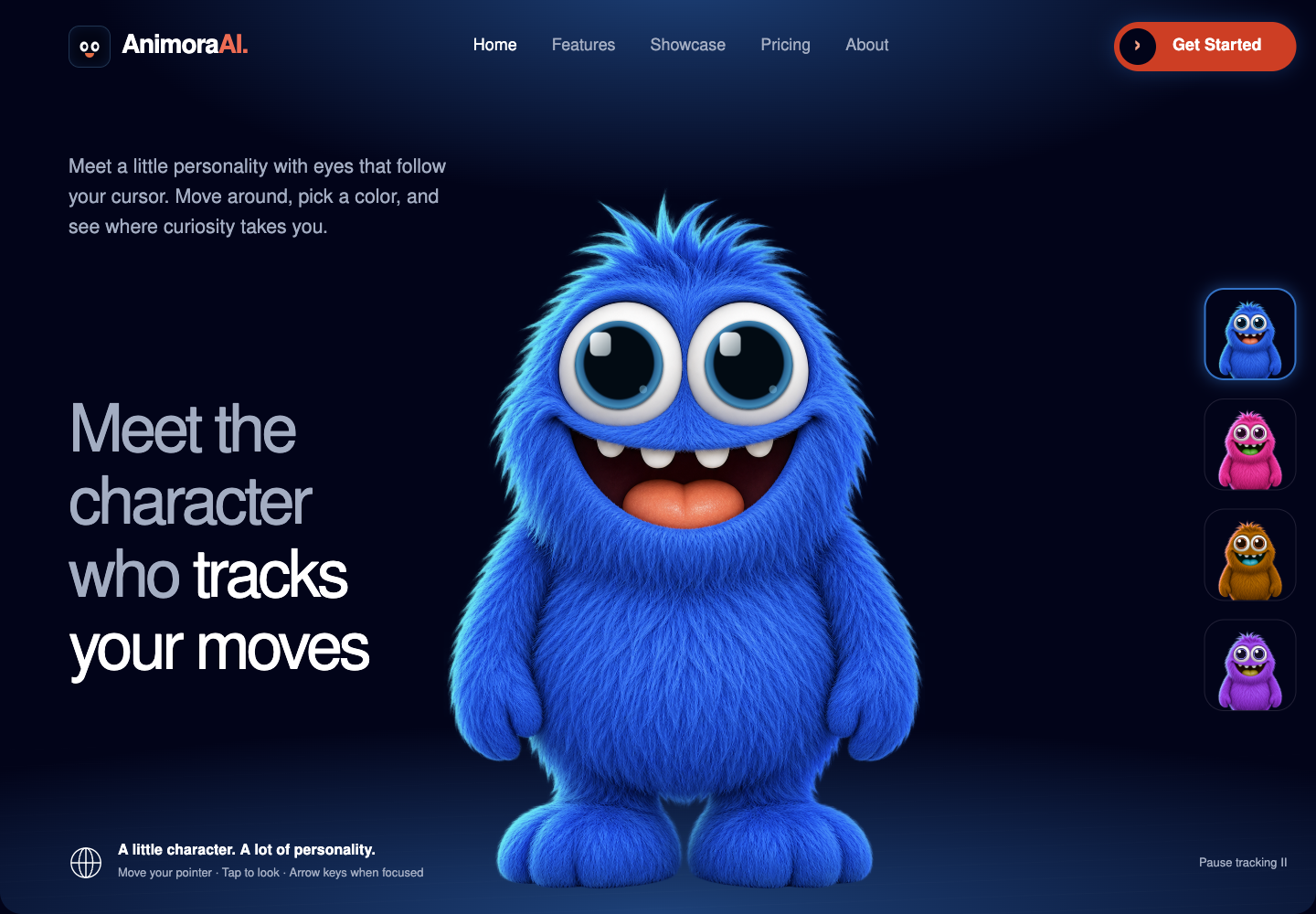 AnimoraAI blue furry character with reactive eyes and four color choices