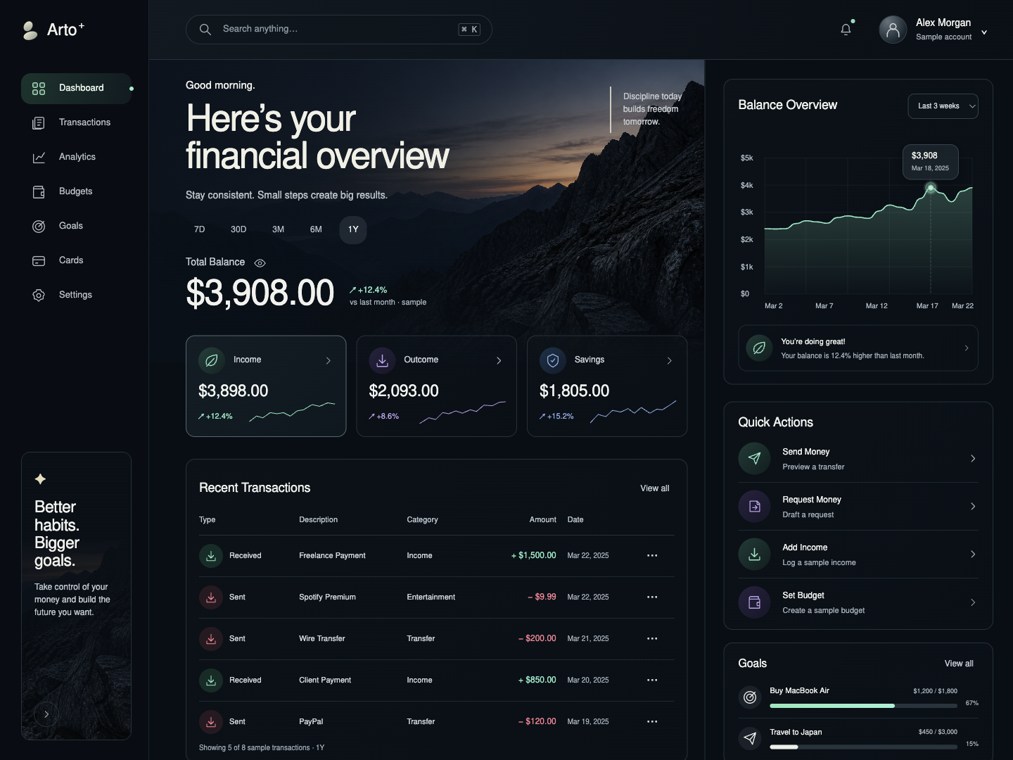 Arto dark finance dashboard with mountain backdrop and mint balance chart