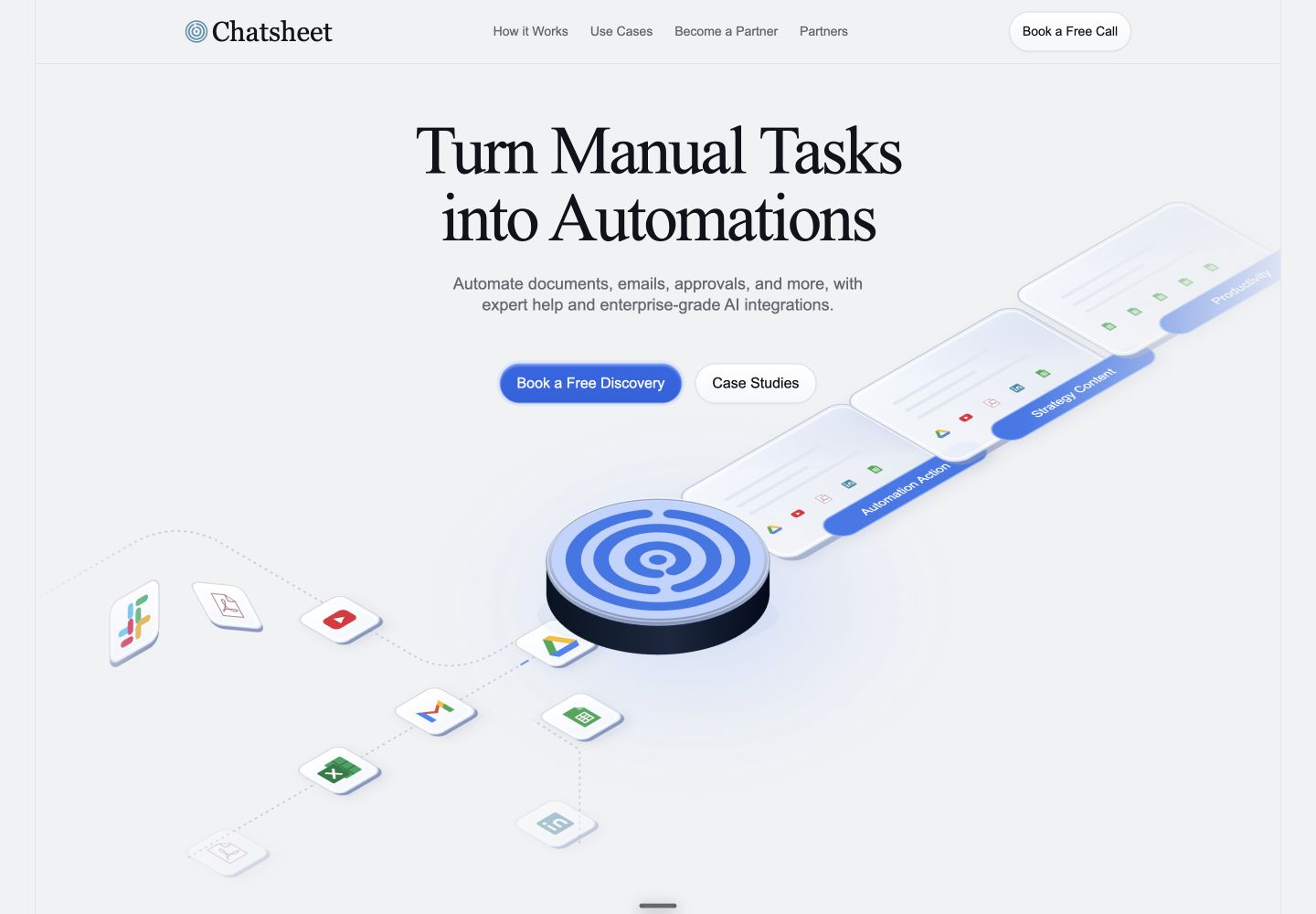 Rendered Chatsheet automation hero with a blue isometric workflow