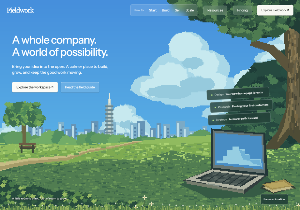 Fieldwork pixel-art landscape and company workspace template