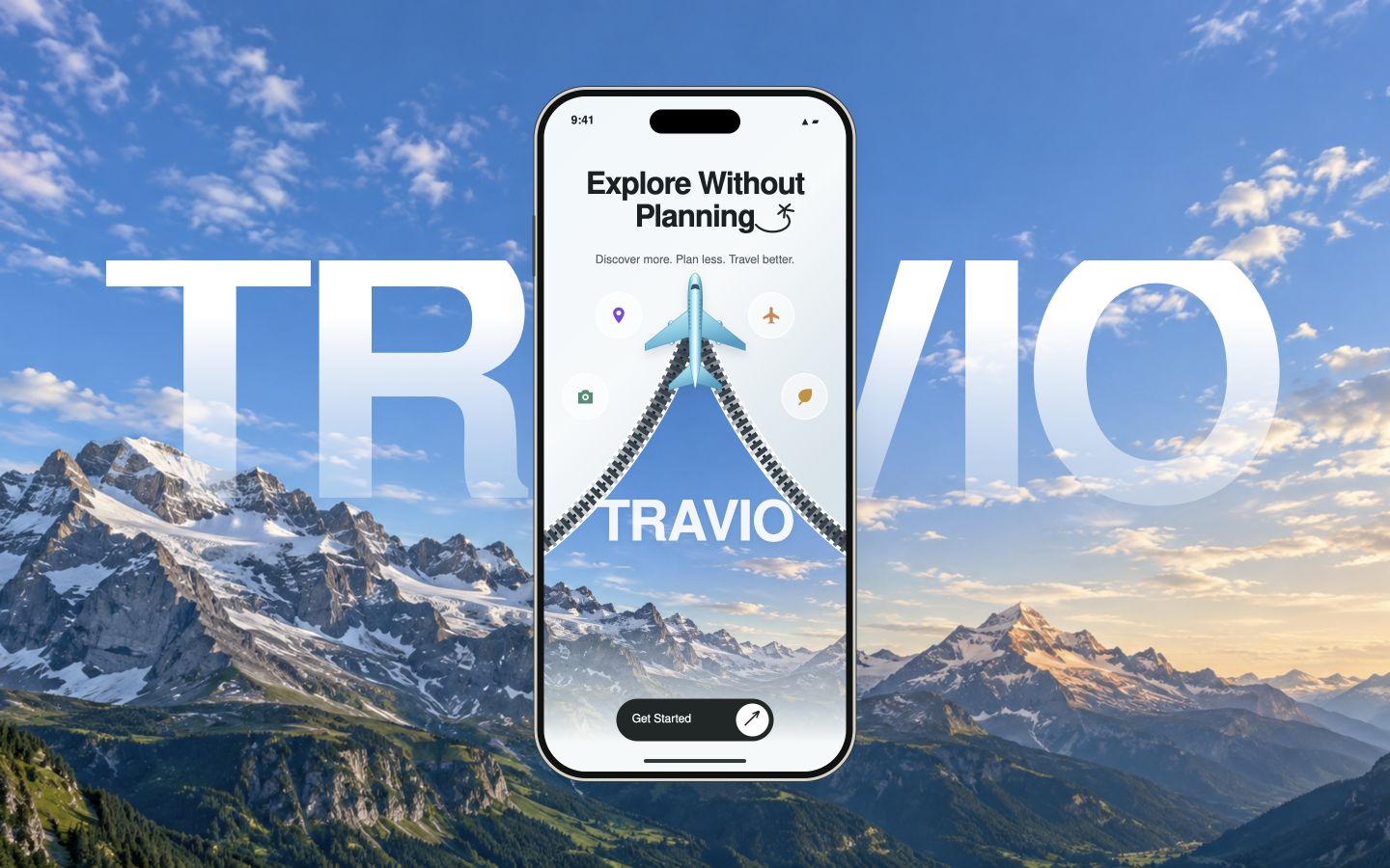 Travio alpine panorama with an airplane unzipping a phone splash screen