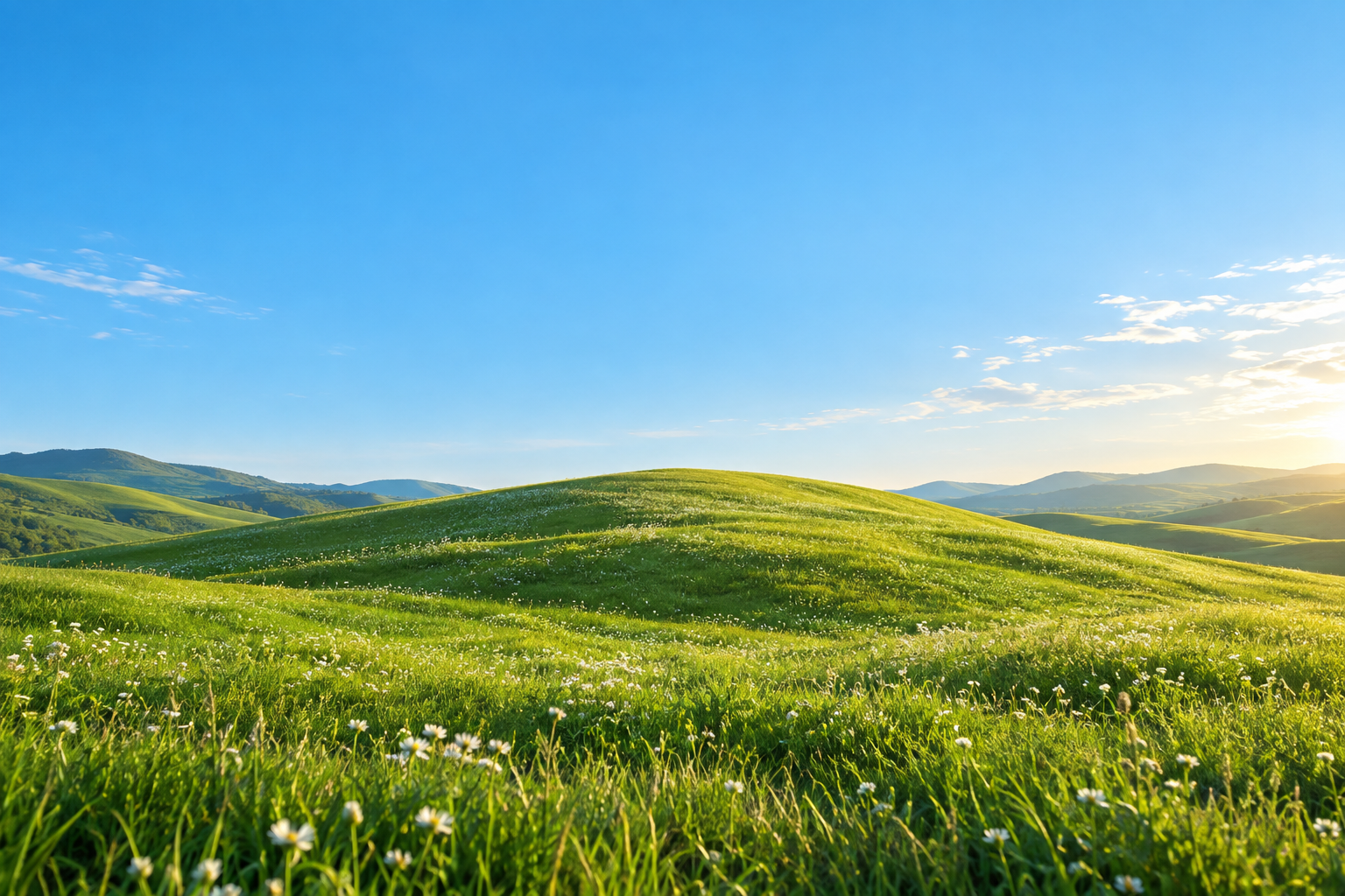 Sunlit green hills under a clear blue sky.