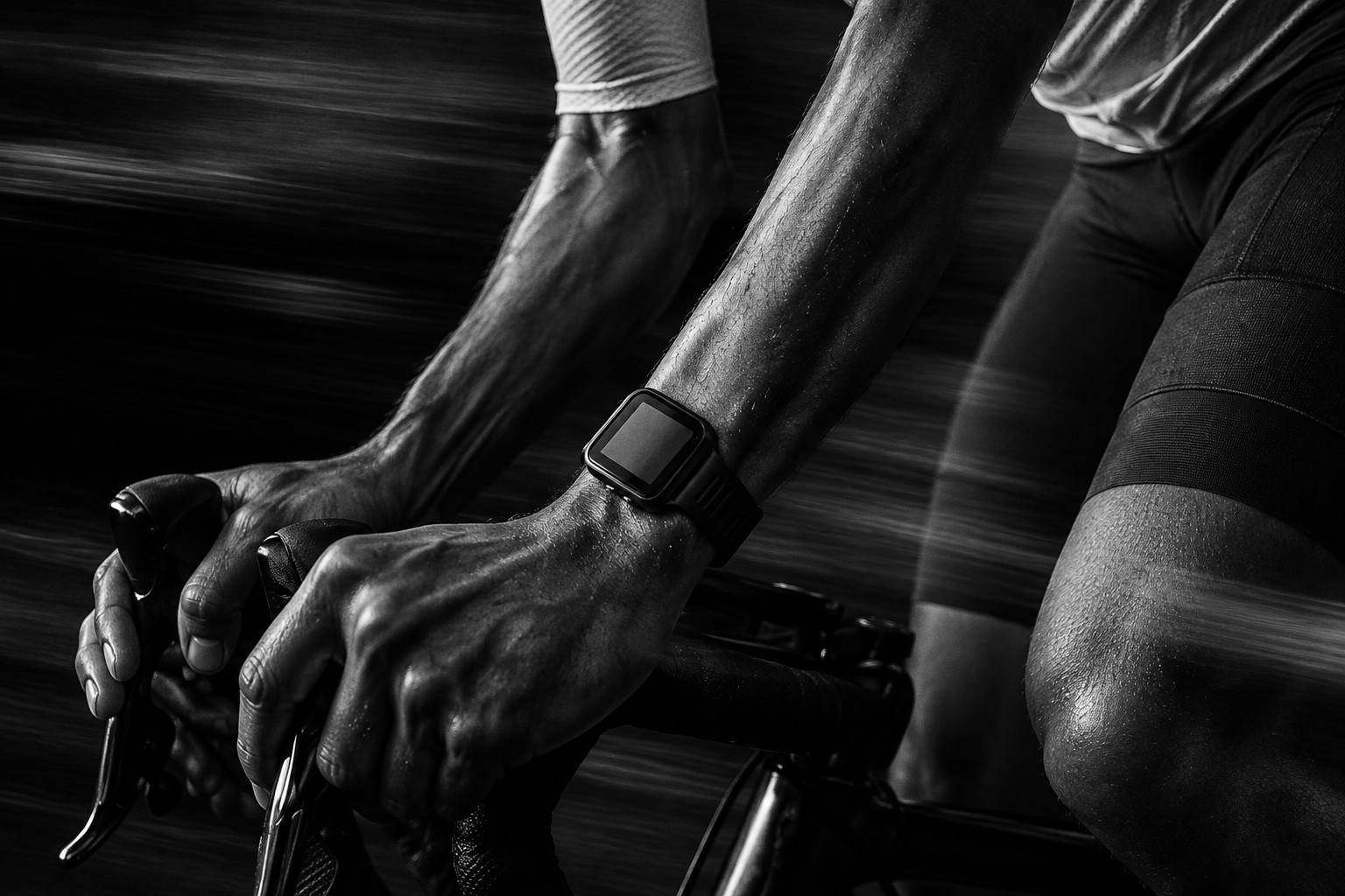 A cyclist’s hands on the handlebars, a sports watch on the wrist