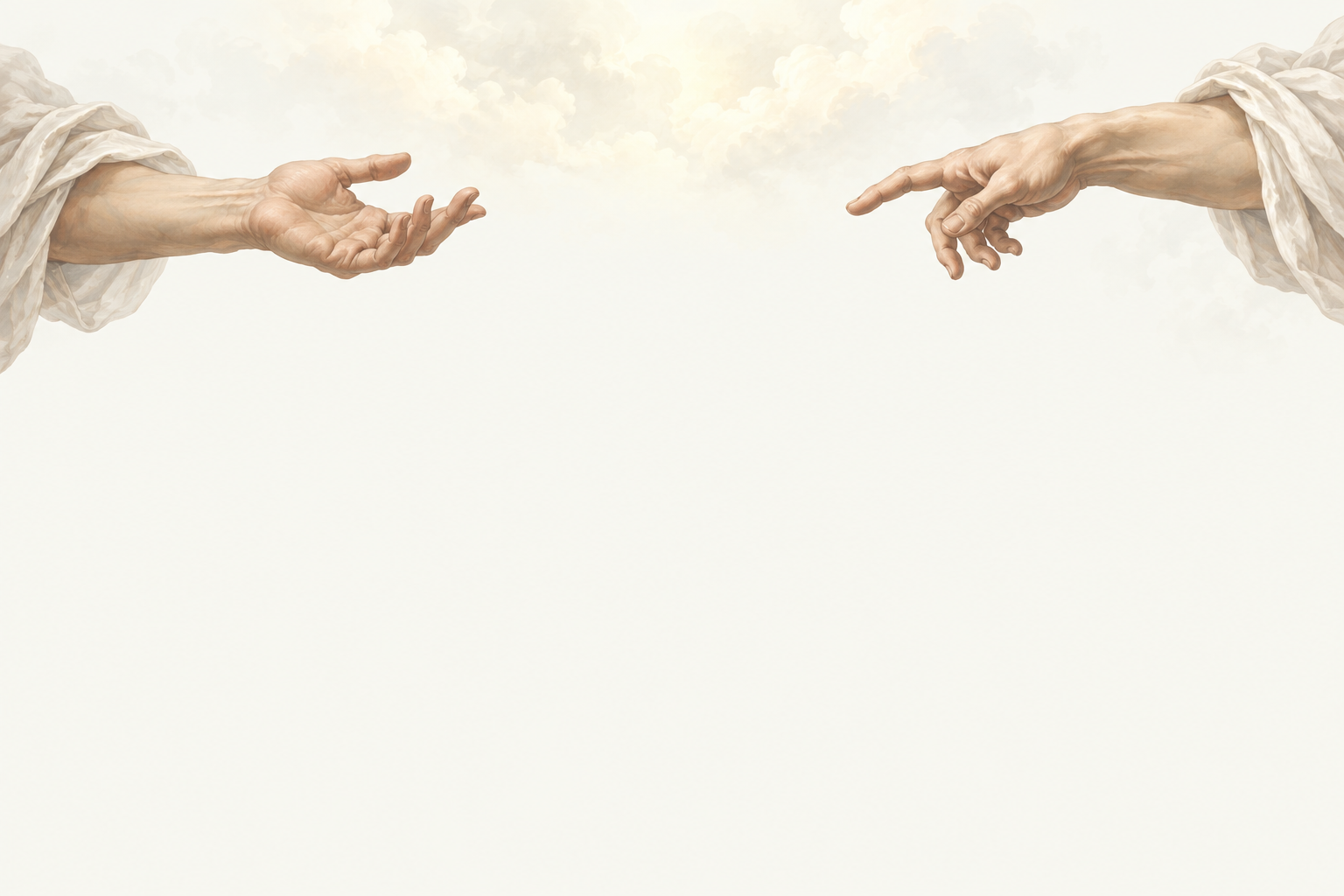 Two classical sculptural hands reaching toward a radiant sun
