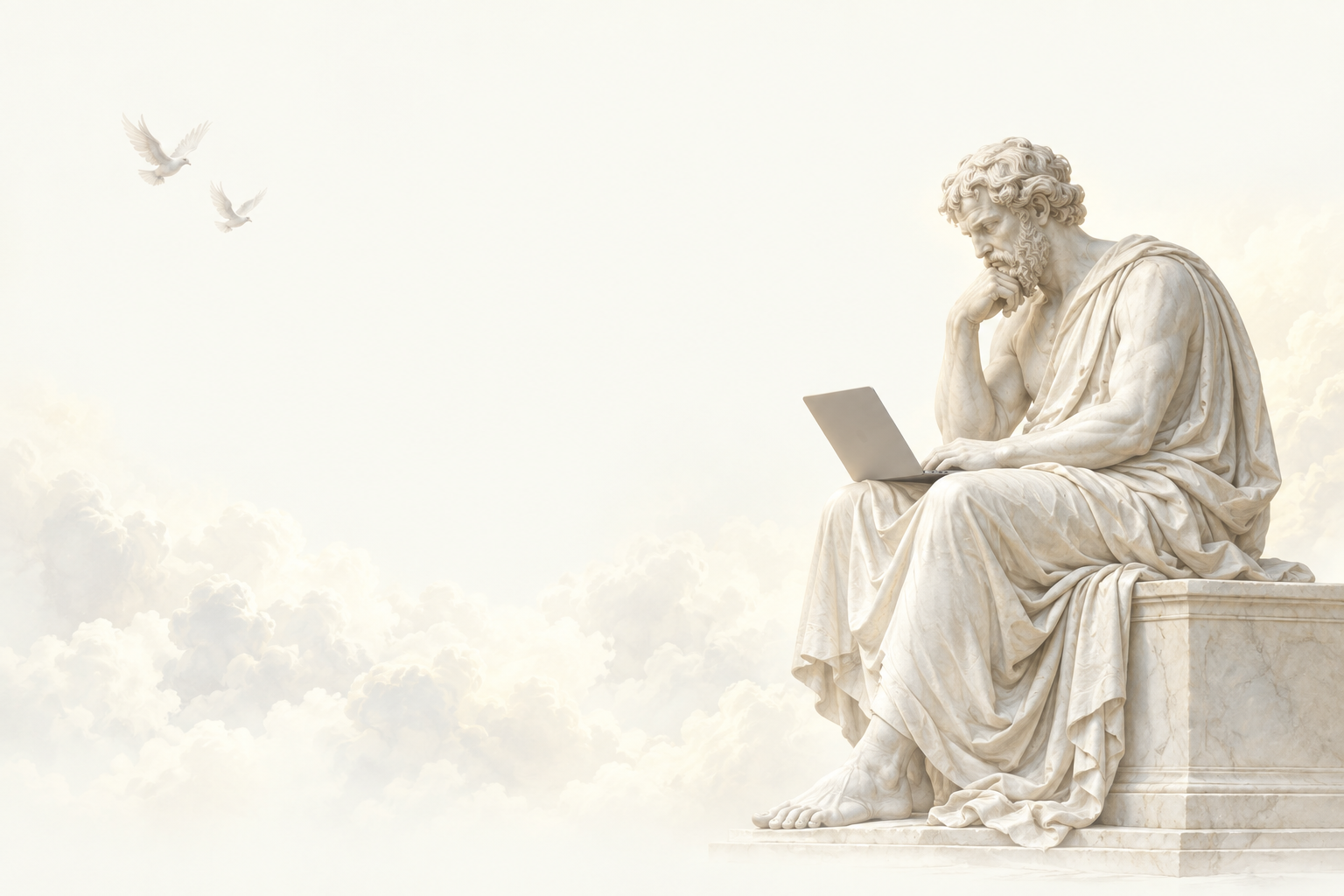 A marble philosopher working at a laptop among soft clouds