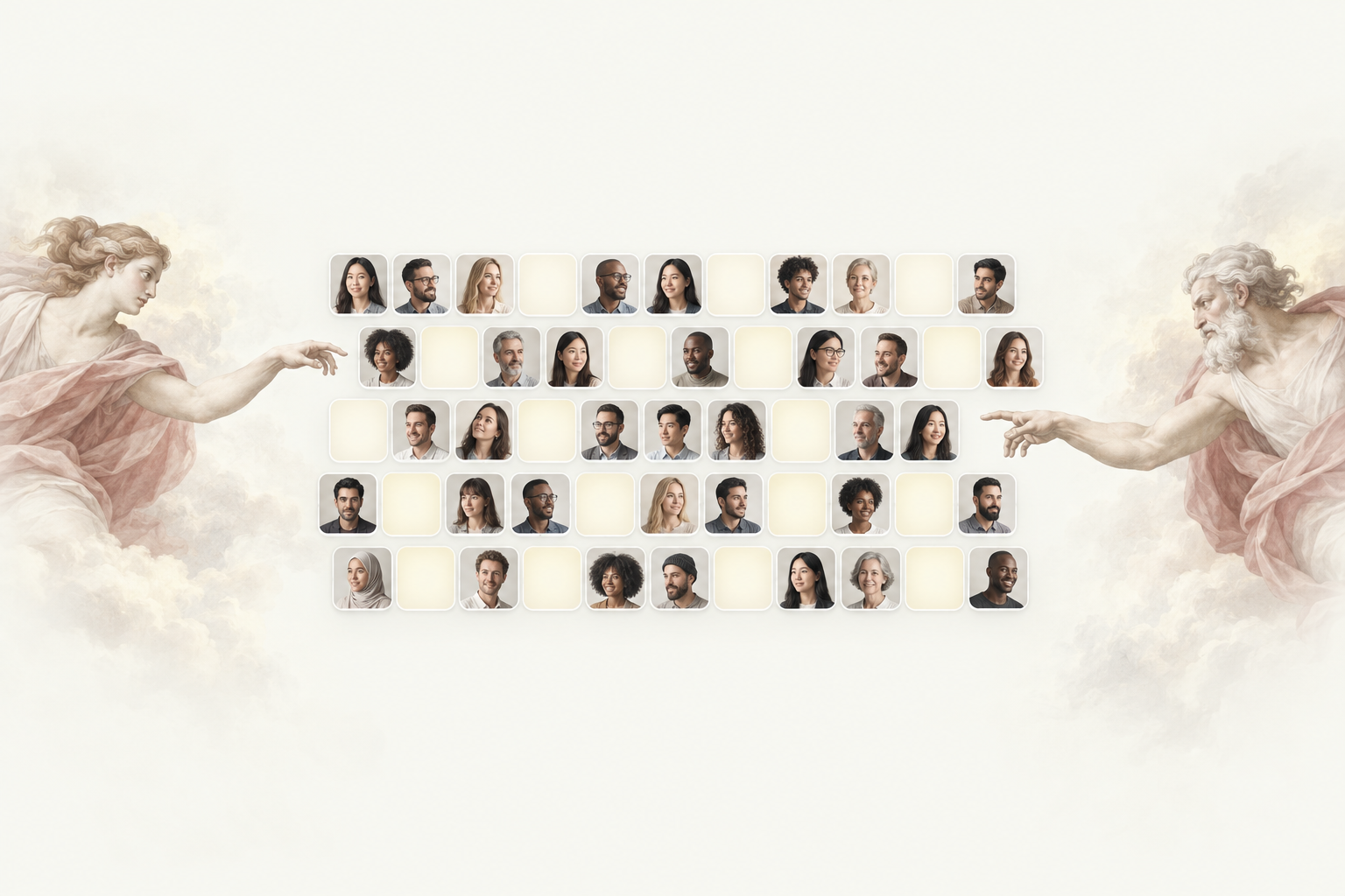 A mosaic of fictional team portraits framed by softly painted classical figures