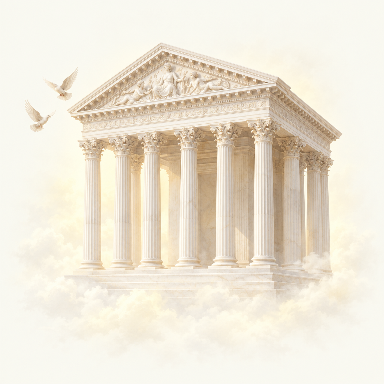 A marble Greek temple among soft clouds