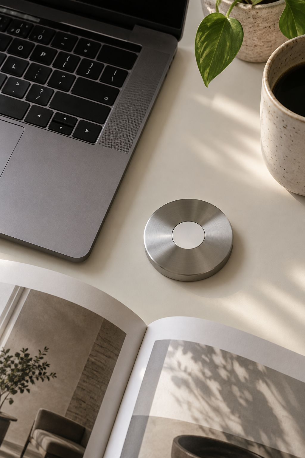 Laptop, open magazine and brushed metal focus token on a cream desk.