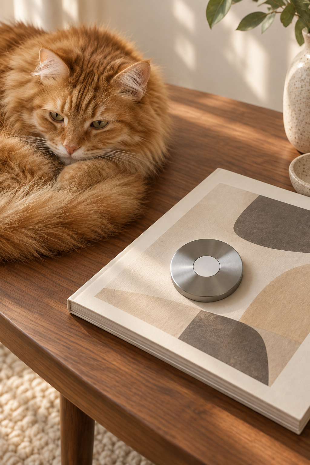 Ginger cat curled beside an art book and metal focus token.