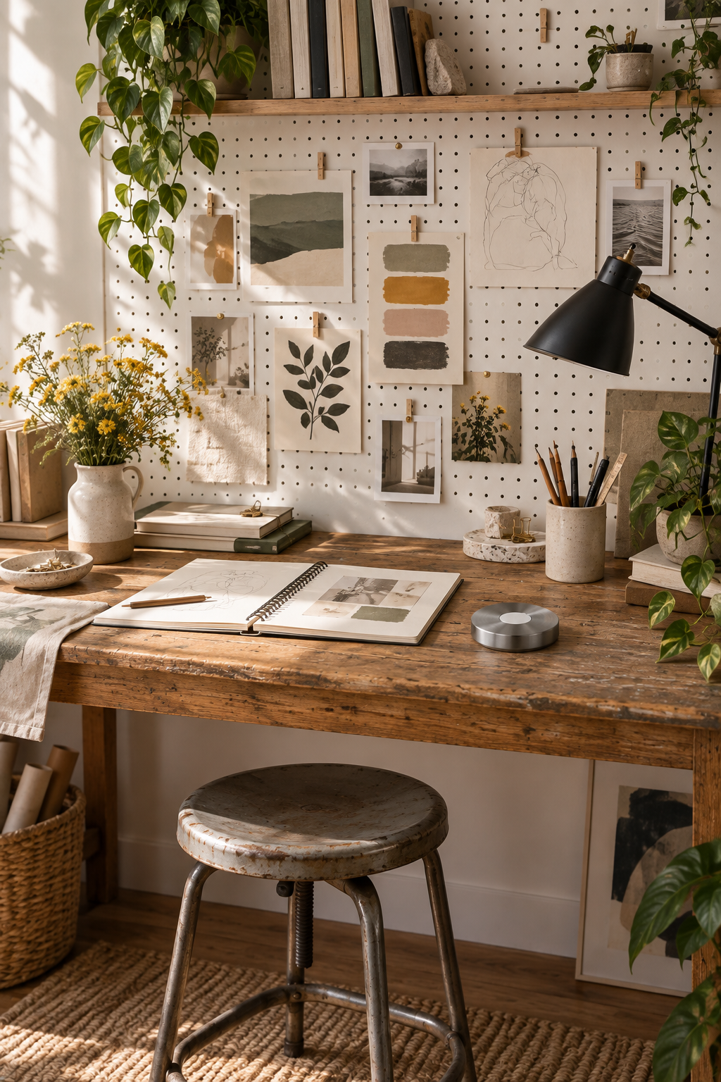 Creative study desk with pegboard, notebooks and flowers.