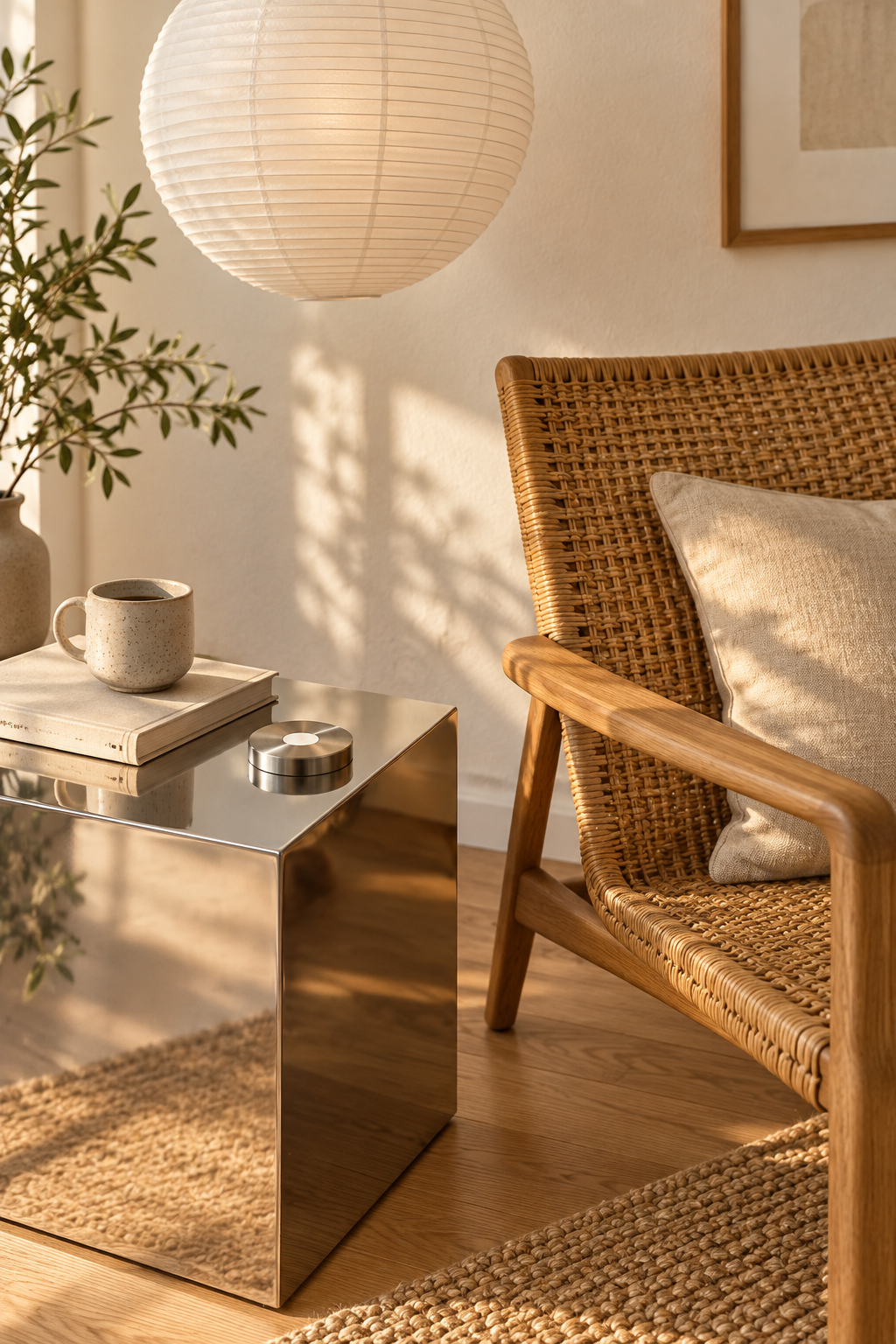 Woven lounge chair beside a chrome table and paper lamp.