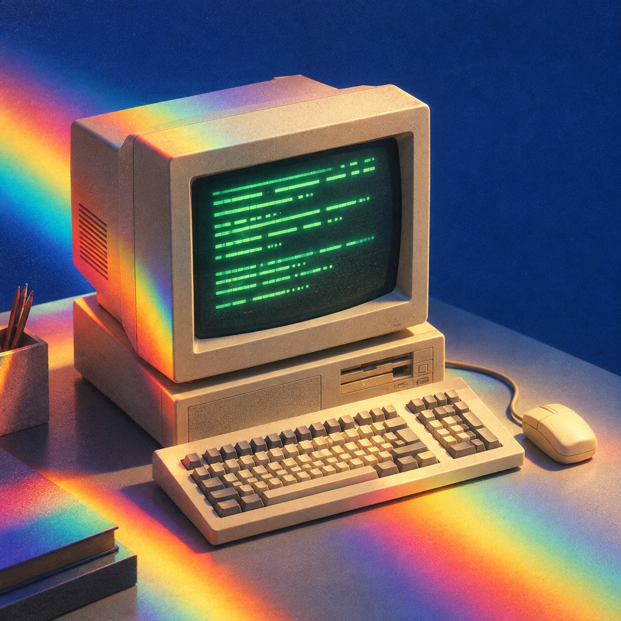 An ivory vintage computer catching rainbow light