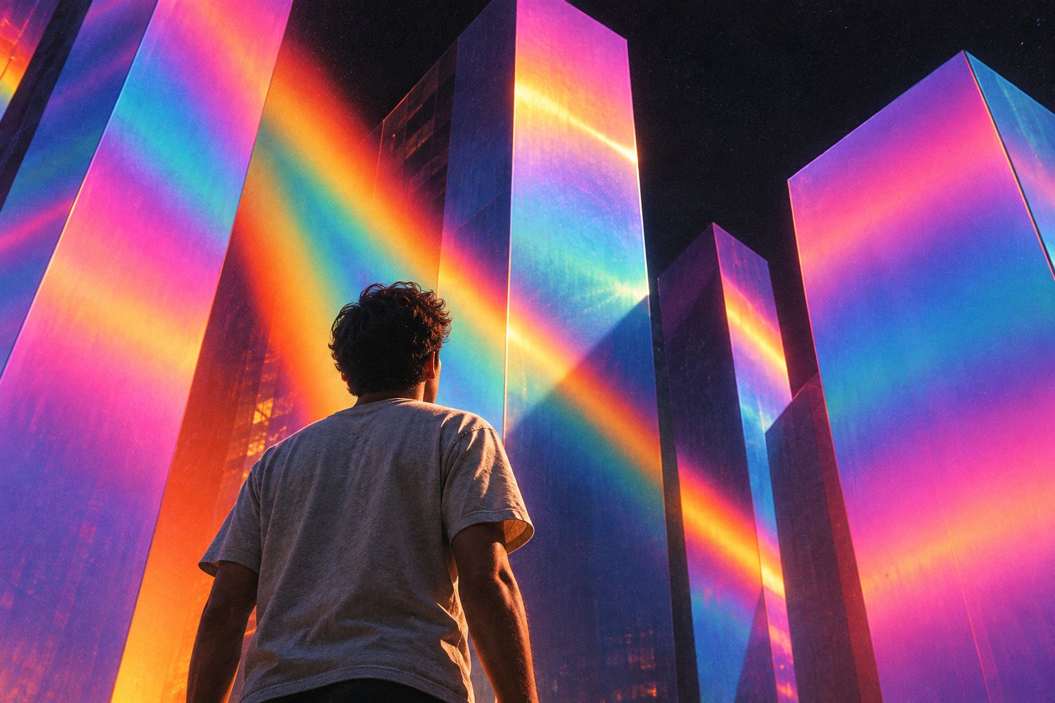 A founder looking up at towers of prismatic light