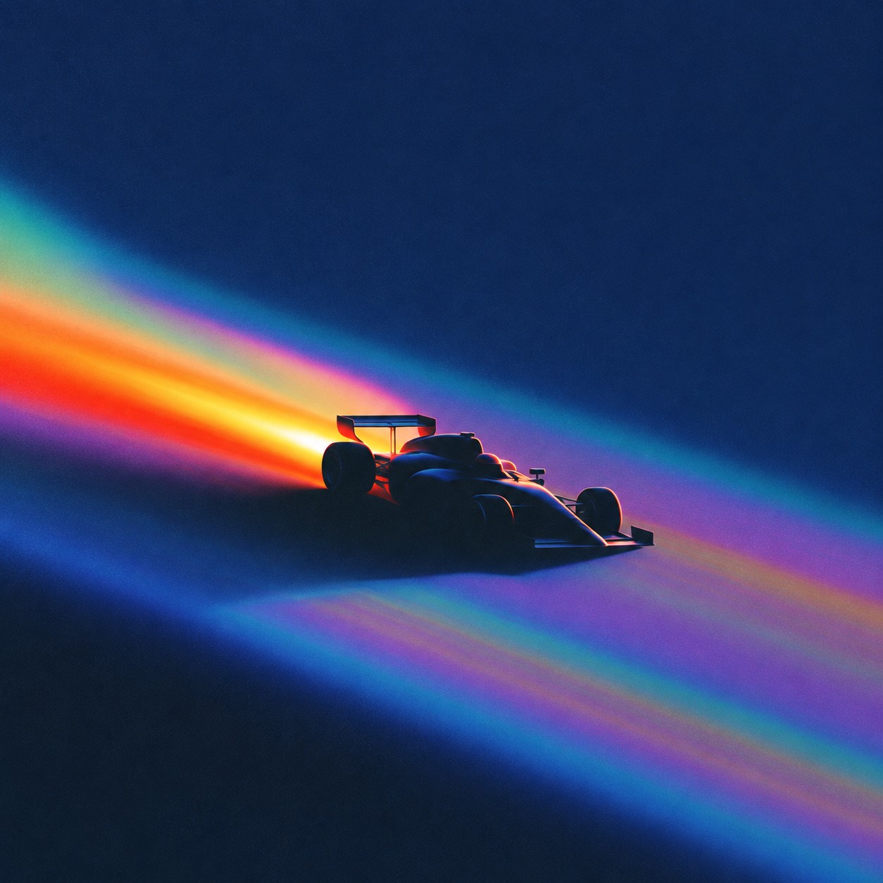 A Formula-style racing car accelerating through a diagonal rainbow beam on deep blue