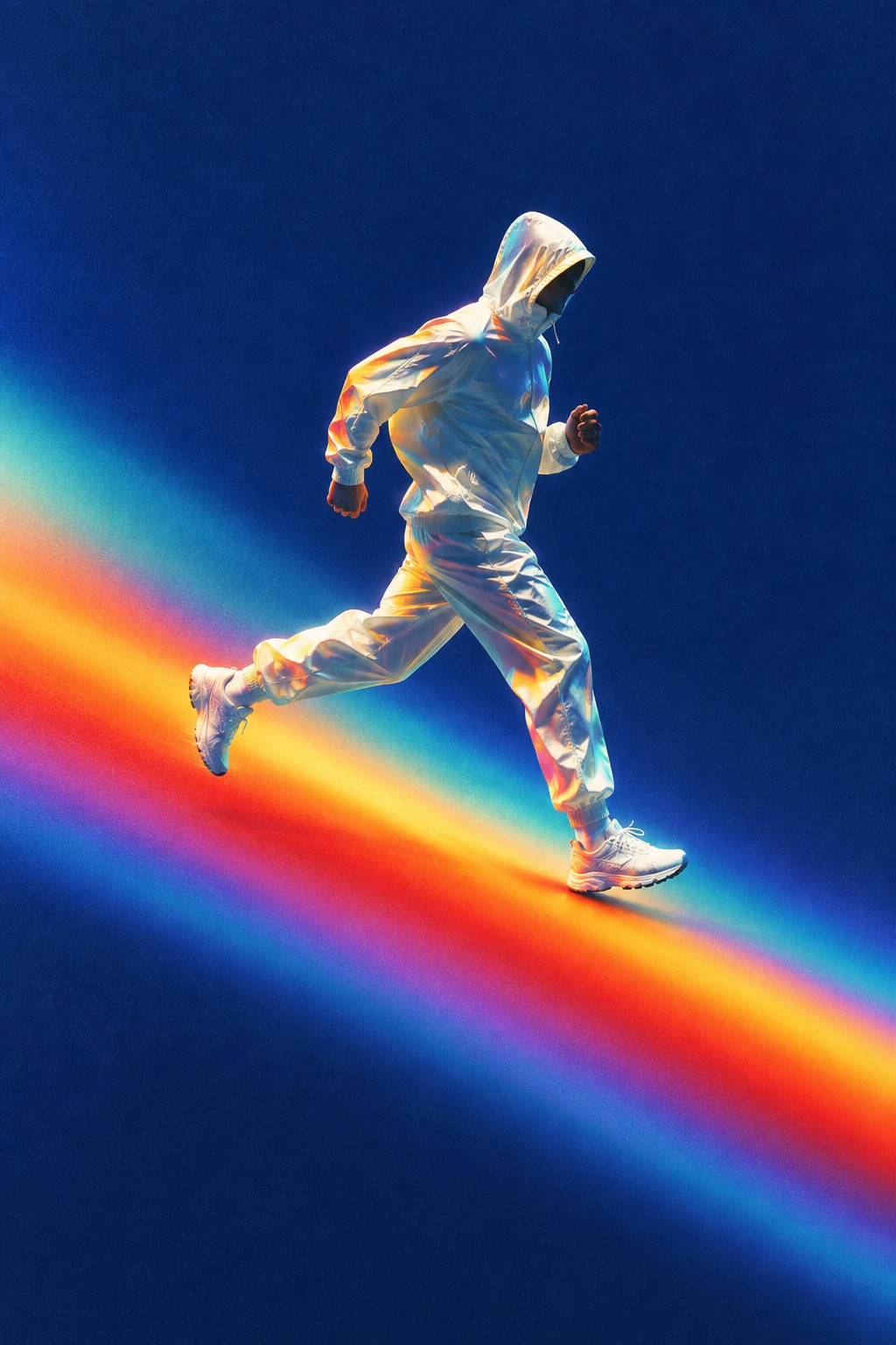 A runner in white moving along a diagonal rainbow track