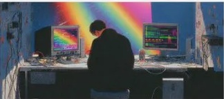 A maker at a desk surrounded by vivid screens