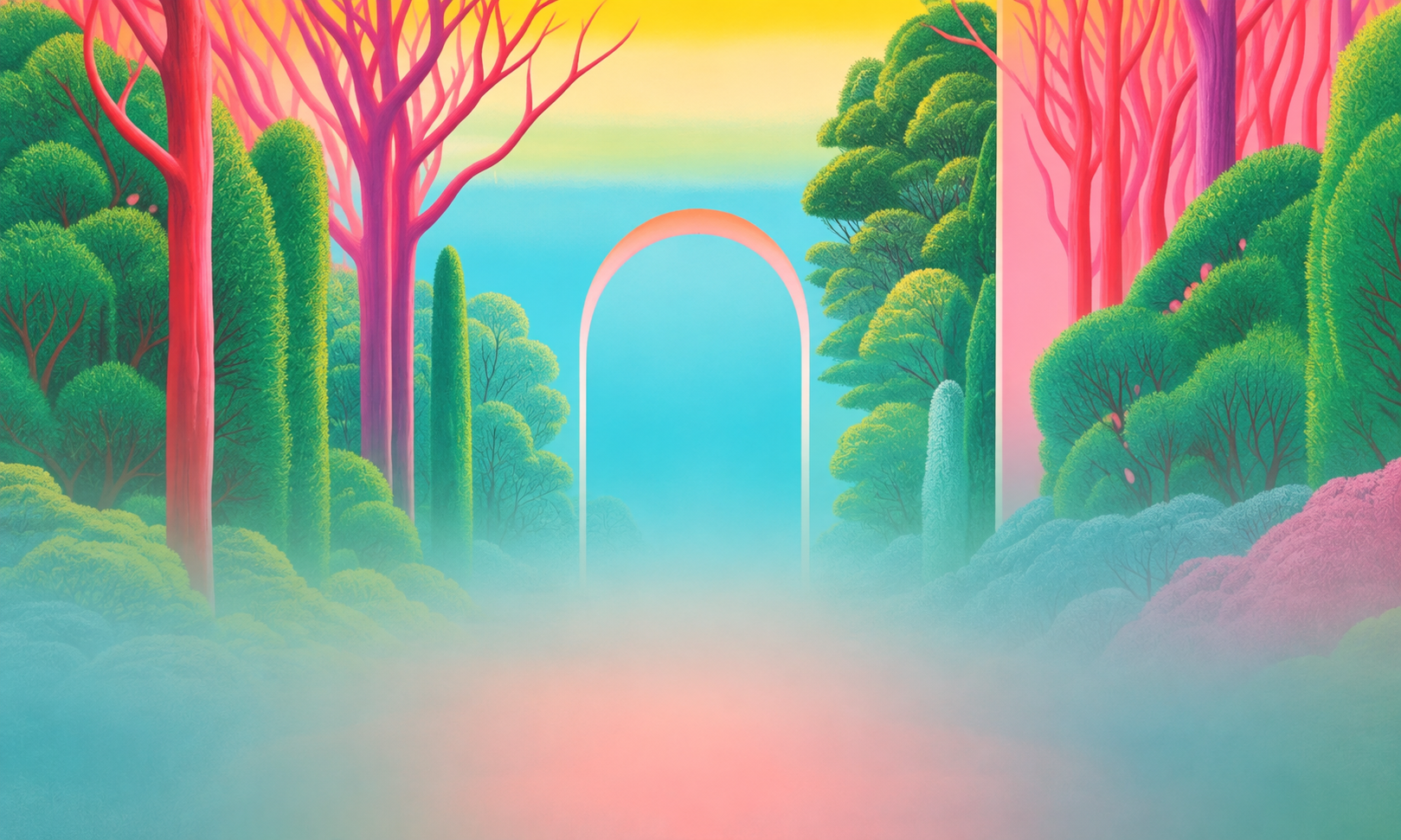 Coral trees and sculpted green topiary framing a peach arch in a turquoise forest clearing.