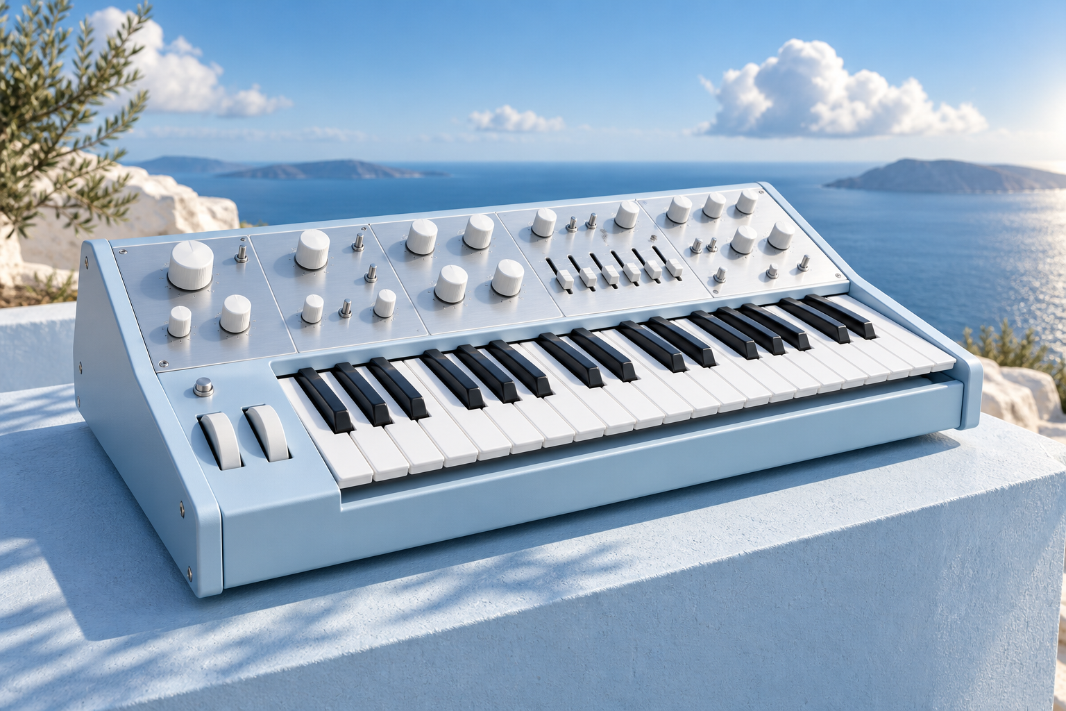Pale blue synthesizer under an open sky