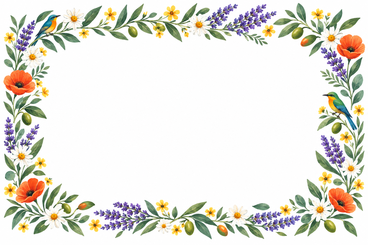 A hand-painted border of wildflowers, leaves and small travel-inspired blossoms
