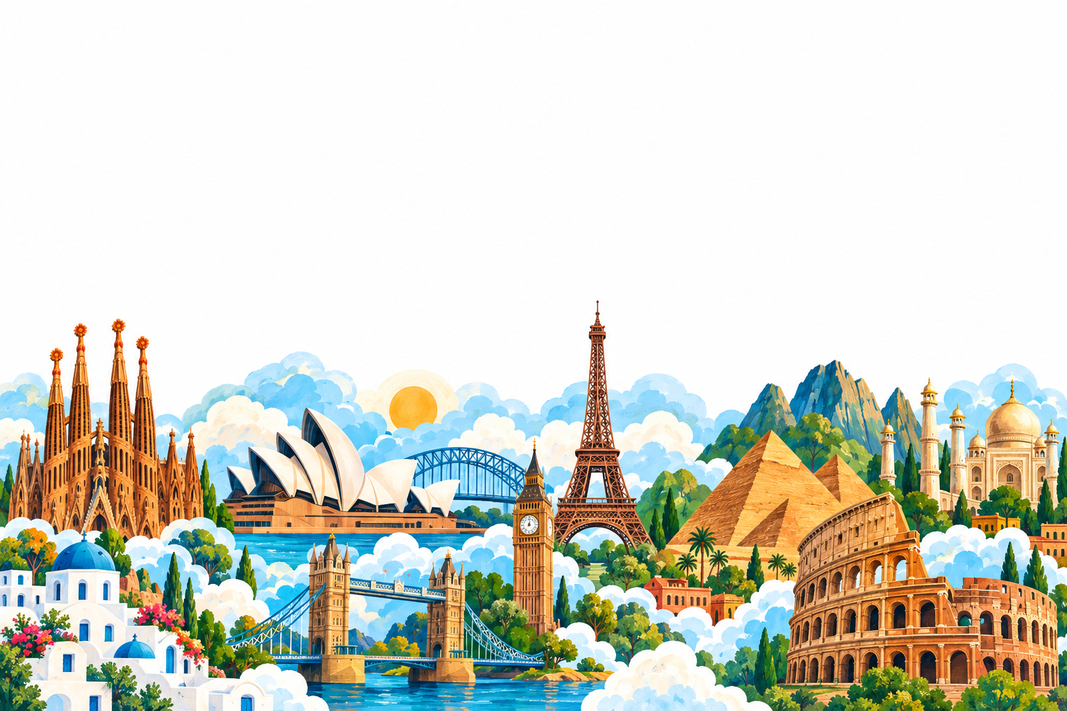 A colorful panorama of world landmarks and blue clouds