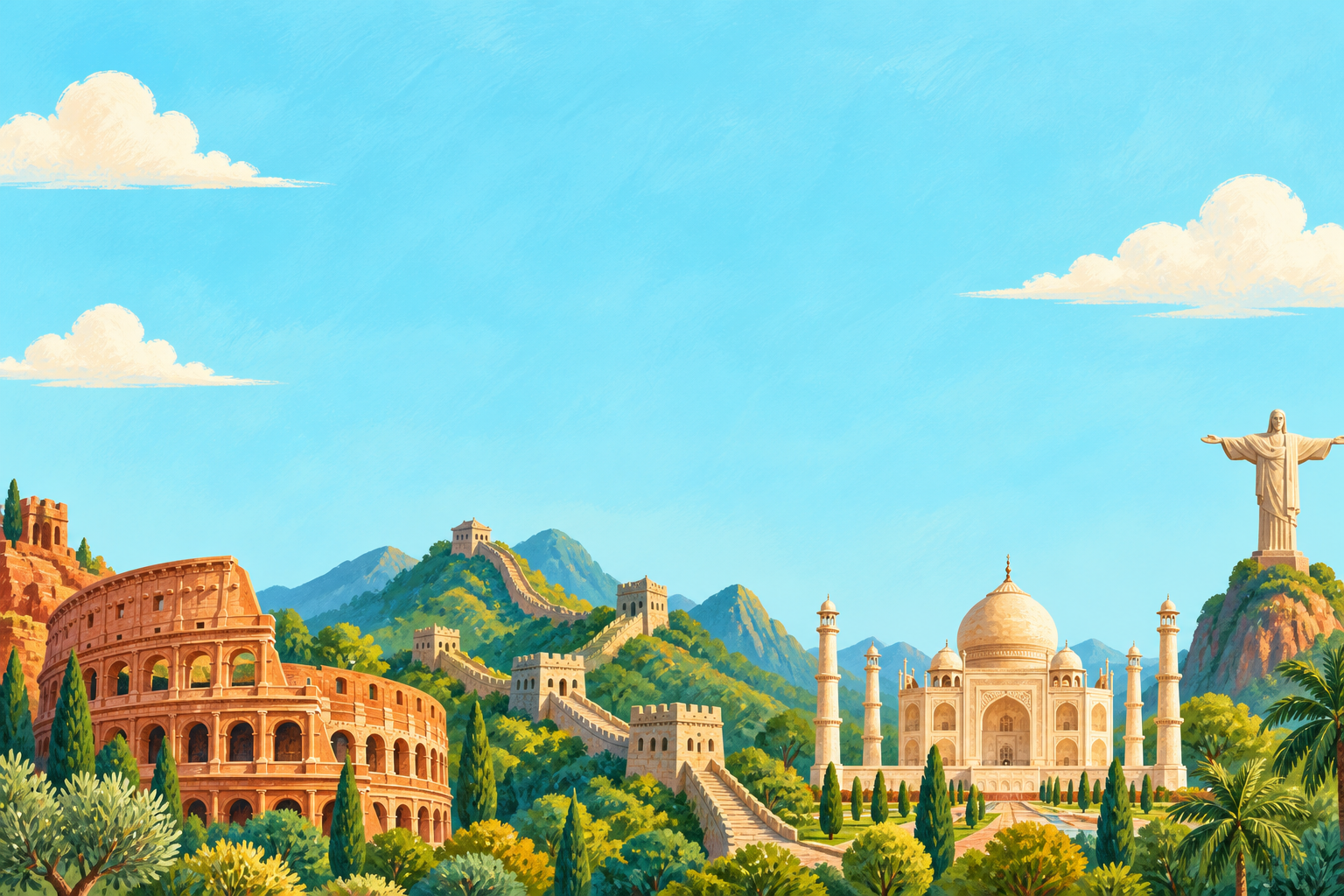 Illustrated Colosseum, Great Wall, Taj Mahal and Christ the Redeemer beneath a blue sky
