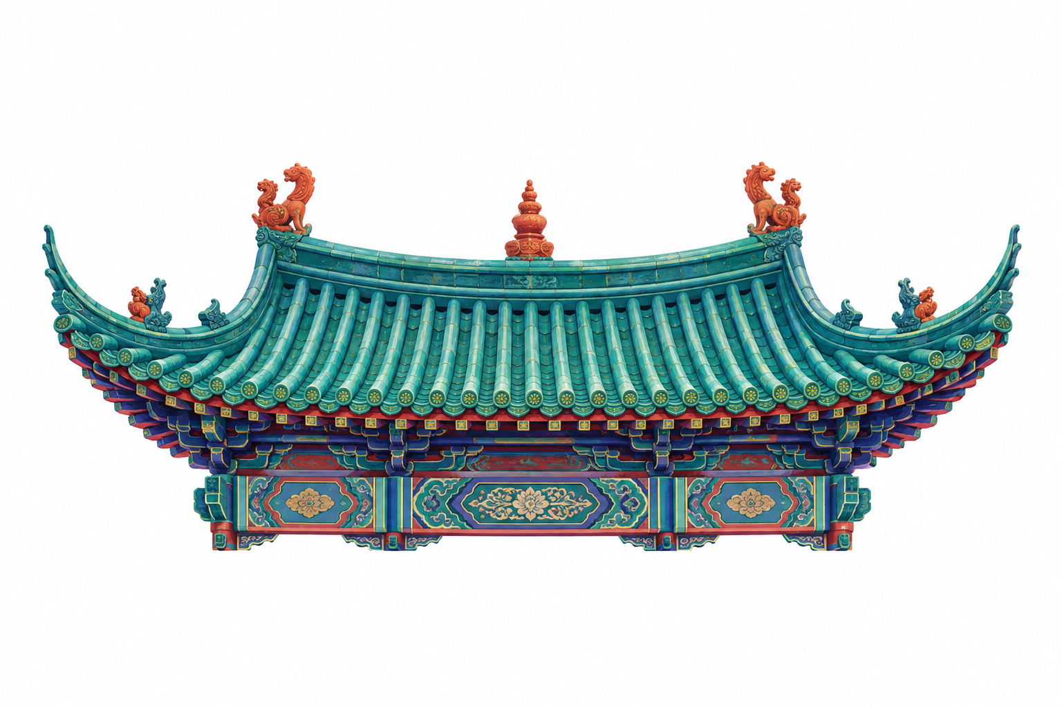 A richly painted green and turquoise Chinese temple roof
