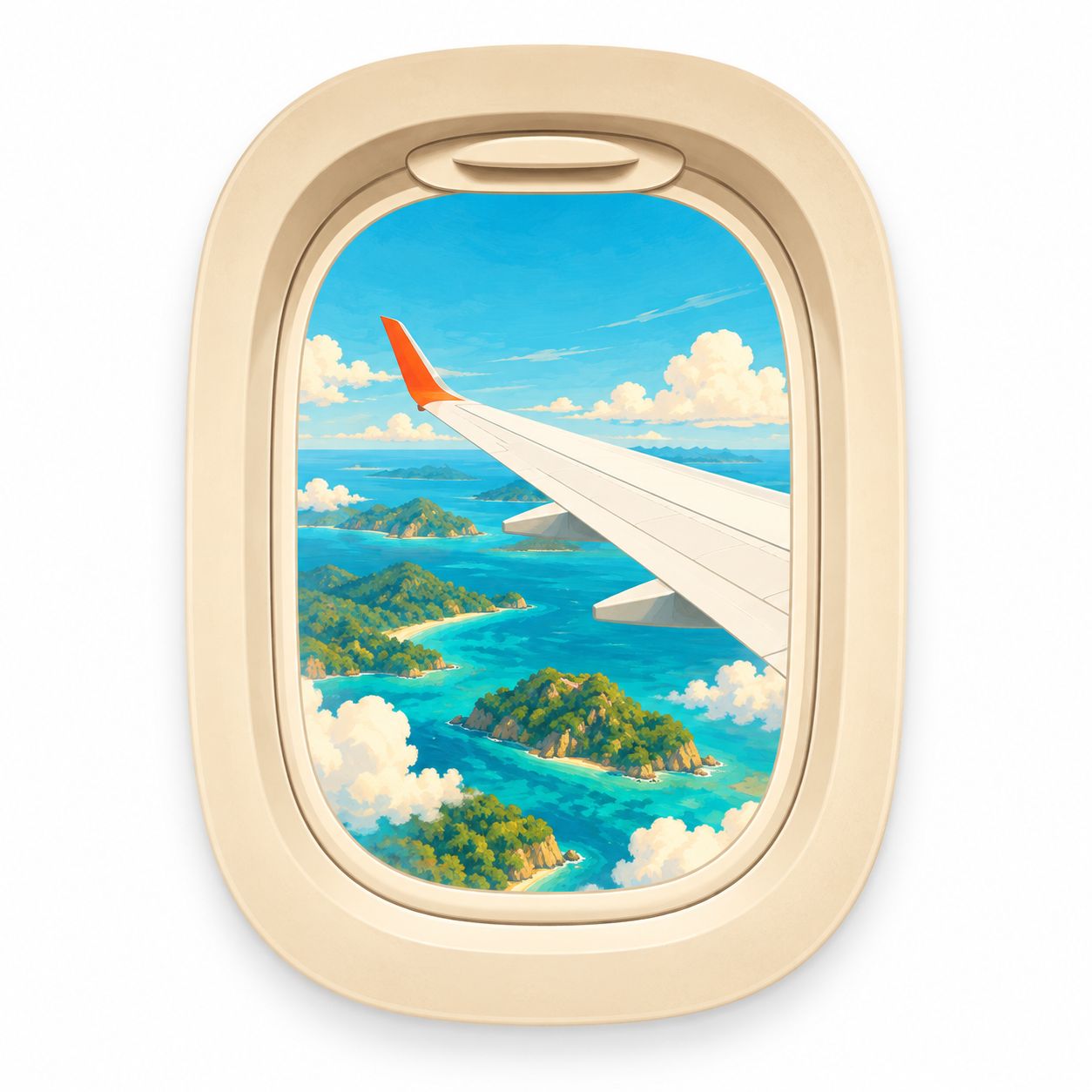 A warm airplane window framing a wing above turquoise islands